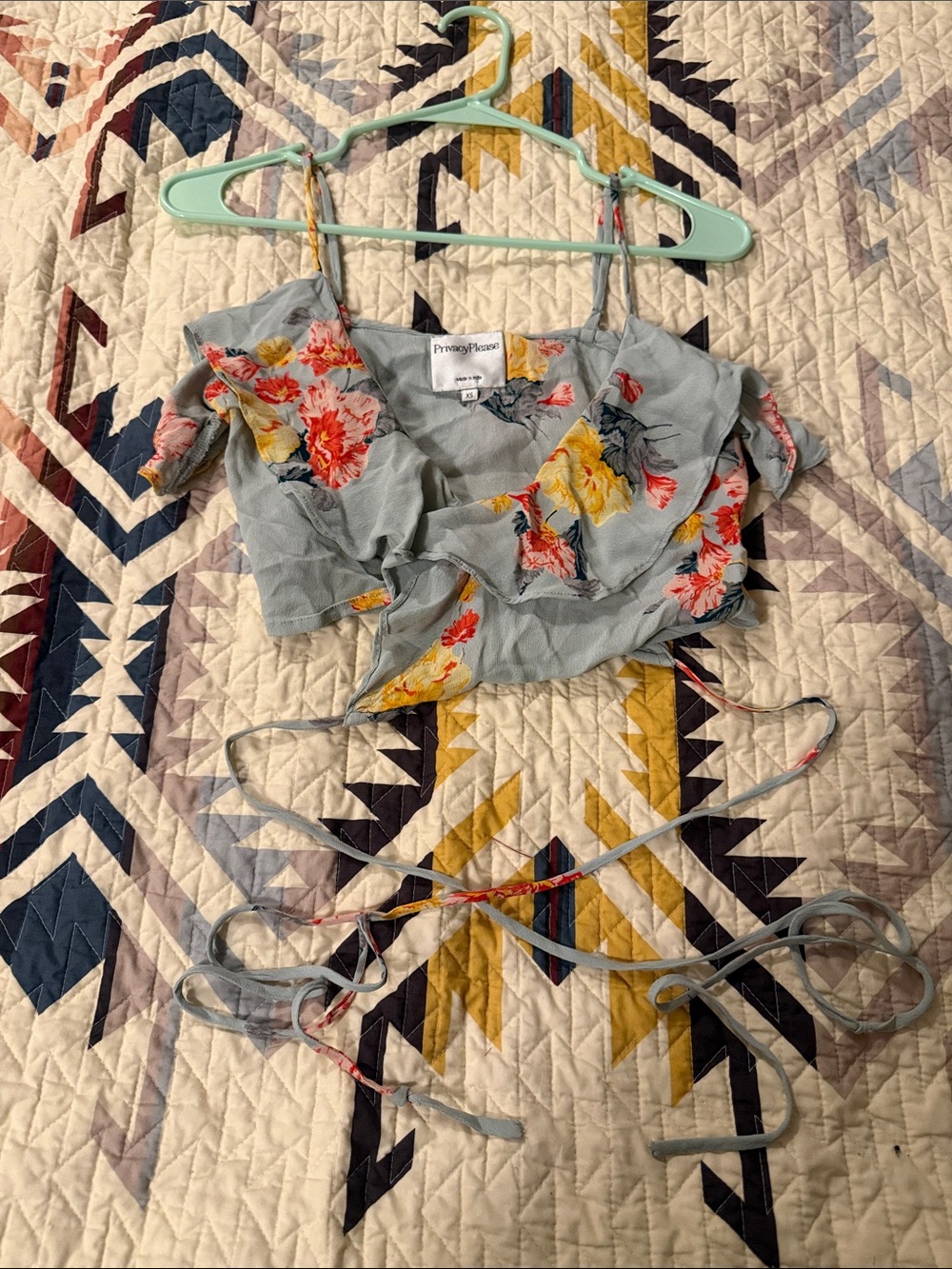 Privacy Please Sky Blue Floral Wrap Crop Top with Red & Yellow Blooms